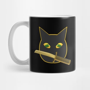 Hallowen Ninja Cat. Black Cat with Jack O Lantern Eyes and Sword. Orange Outline Version. Mug
